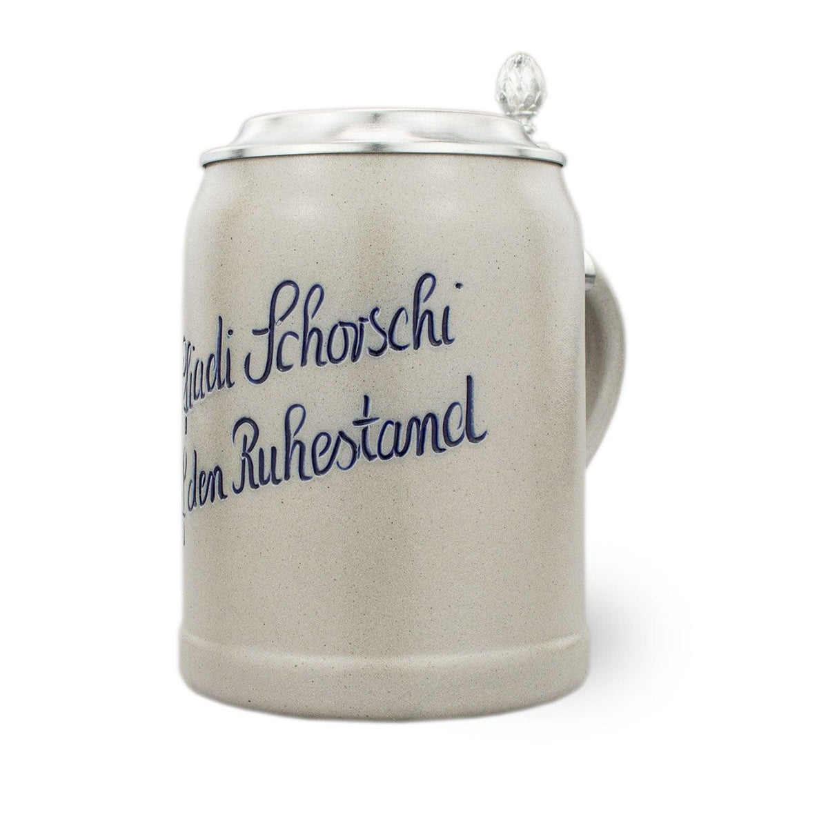 PREMIUM Bierkrug Steinkrug, hellgrau mit blauem Schriftzug und antikem Zinndeckel.