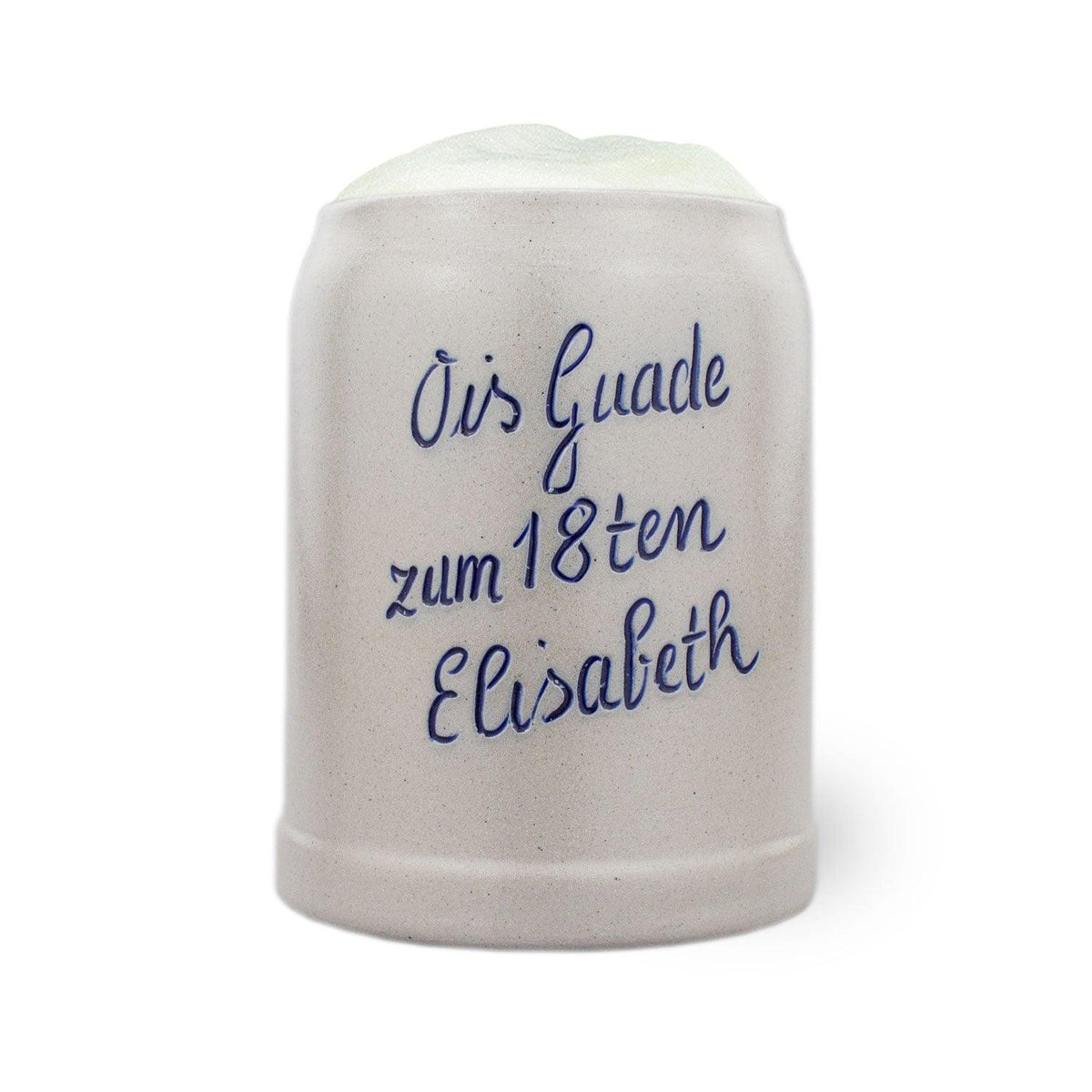 PREMIUM Steinkrug Bierkrug mit blauer Aufschrift "ois Guade zum 18ten Elisabeth" und Schaumkrone