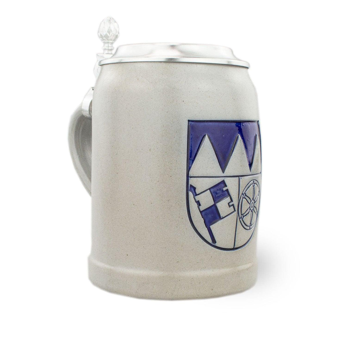 PREMIUM Bierkrug Unterfranken mit grauer Keramik, Zinndeckel und blauem Wappen von Unterfranken