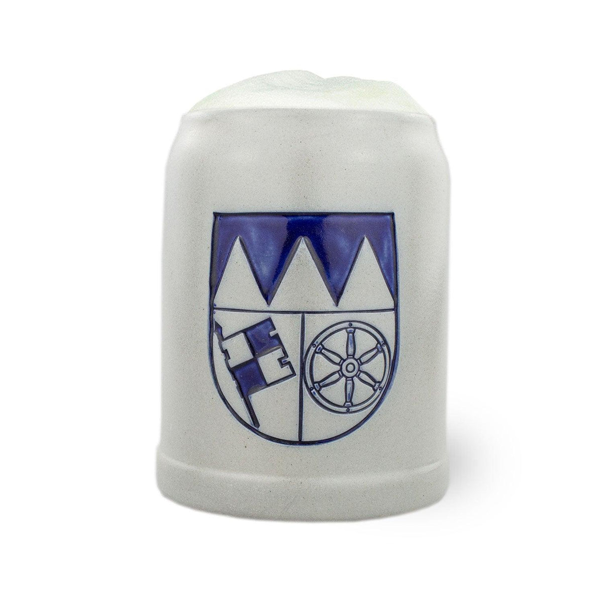 PREMIUM Bierkrug Unterfranken mit blauem Wappen auf hellem Keramik, gefüllt mit Bierschaum.