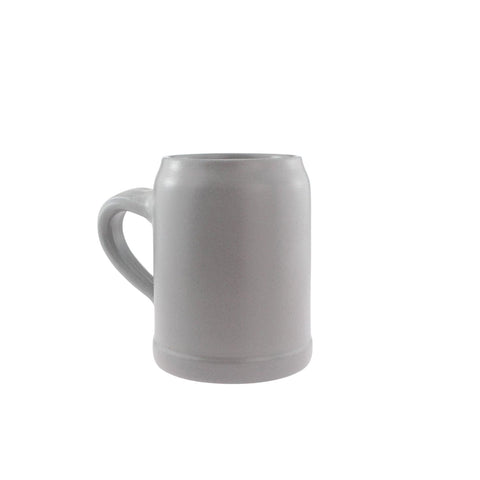 Schlichter, grauer Premium Steinkrug mit glatter Oberfläche für individuelle Gravuren, seitlicher Henkel.