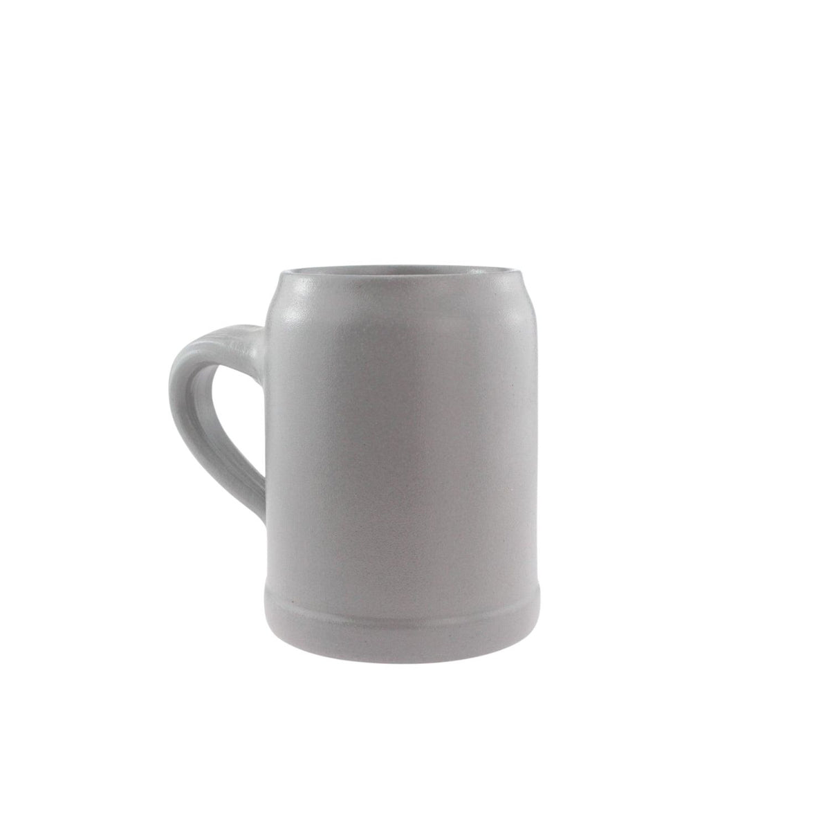Schlichter, grauer Premium Steinkrug mit glatter Oberfläche für individuelle Gravuren, seitlicher Henkel.