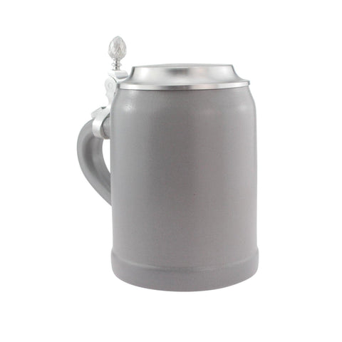 Grauer Steingut-Bierkrug mit mattem Finish und einem detaillierten Zinndeckel mit Knauf.