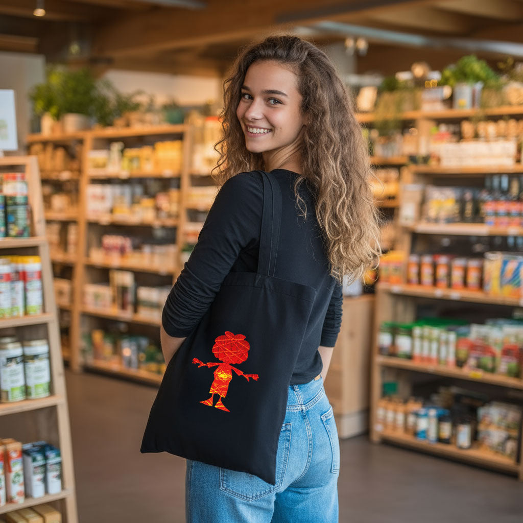 Junge Frau trägt schwarze ®Pumuckl Tasche Ampel-Edition mit leuchtend rotem Aufdruck im Supermarkt.
