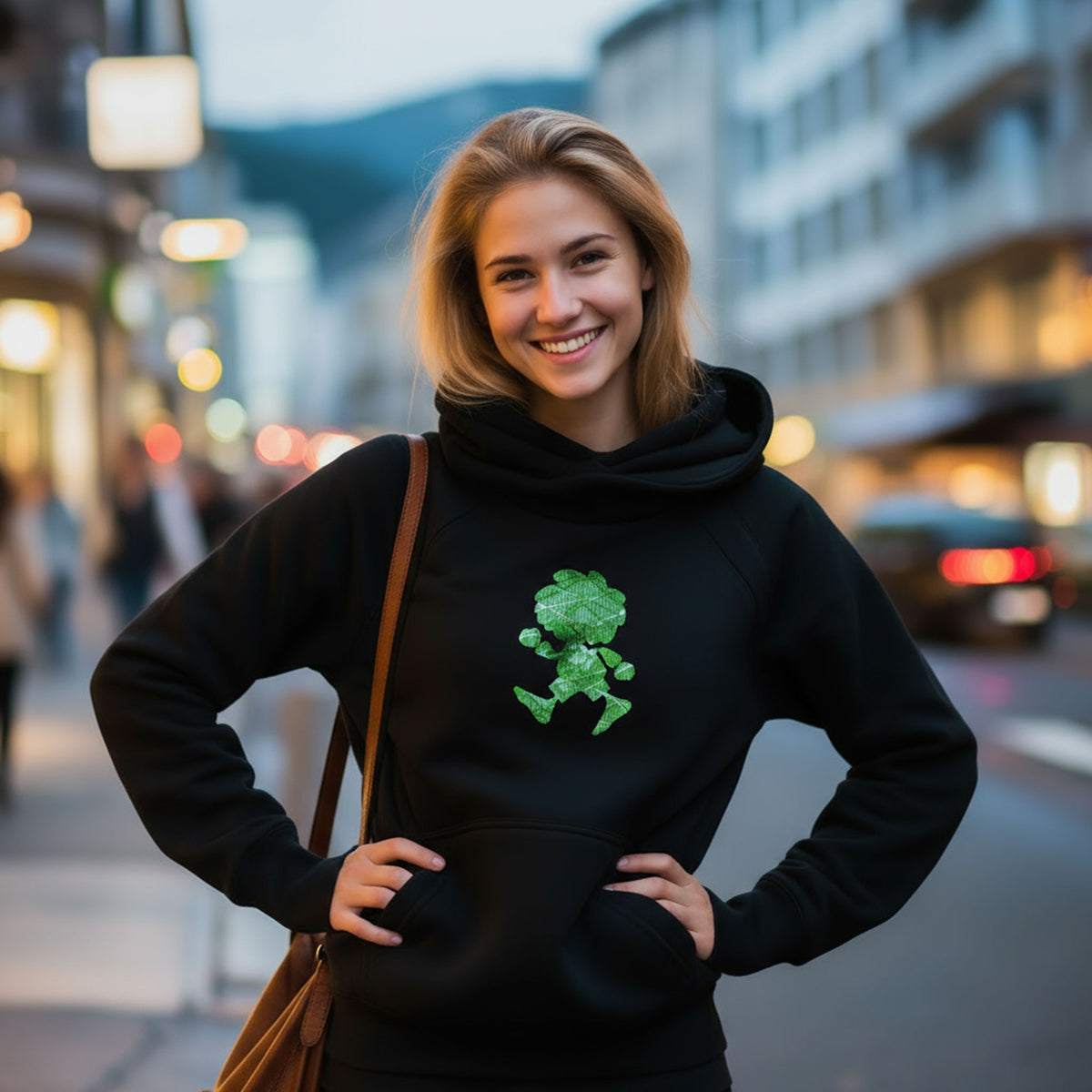 Lachende Frau trägt schwarzen Pumuckl Damen Hoodie Ampel-Edition mit grünem Motiv auf der Straße.