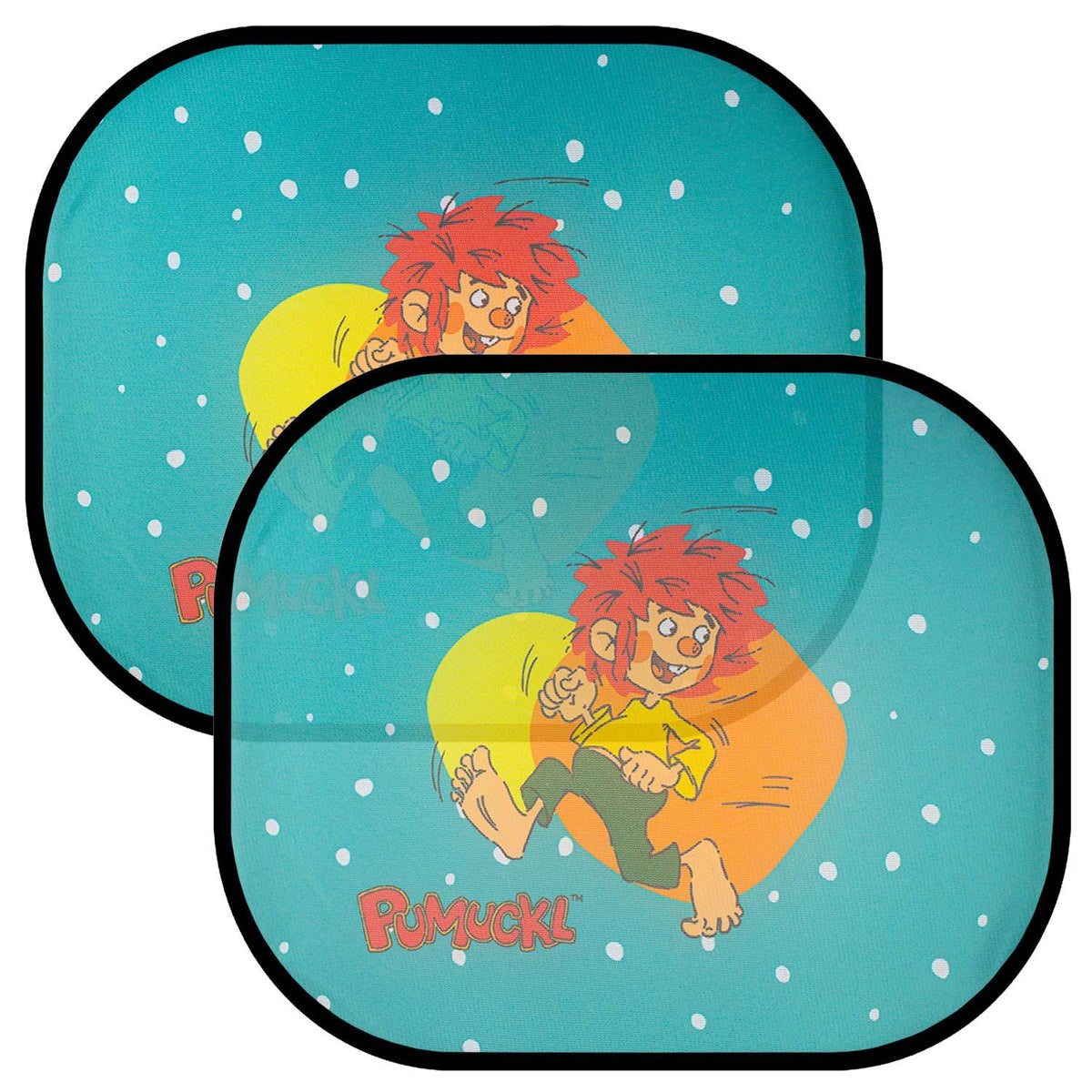 Zwei Pumuckl Auto Sonnenschütze mit dem Kobold-Motiv auf türkisem Hintergrund und weißen Punkten für Kinder