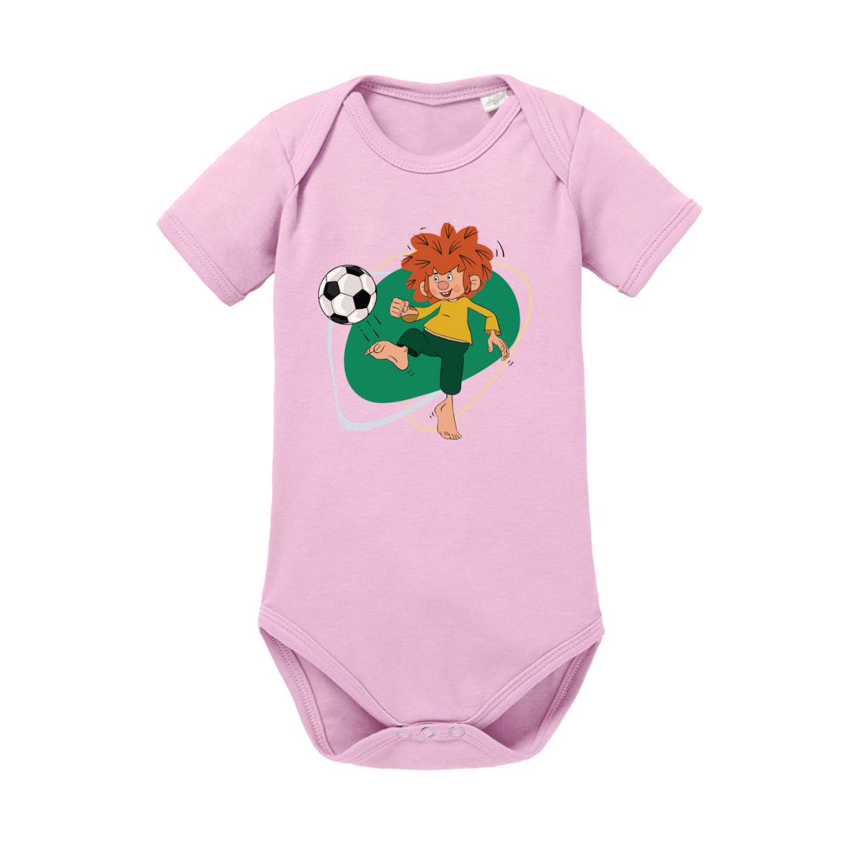 Rosafarbener Baby-Body mit Pumuckl Fußball-Motiv, auf hellgrünem Hintergrund, ideal für kleine Fans.
