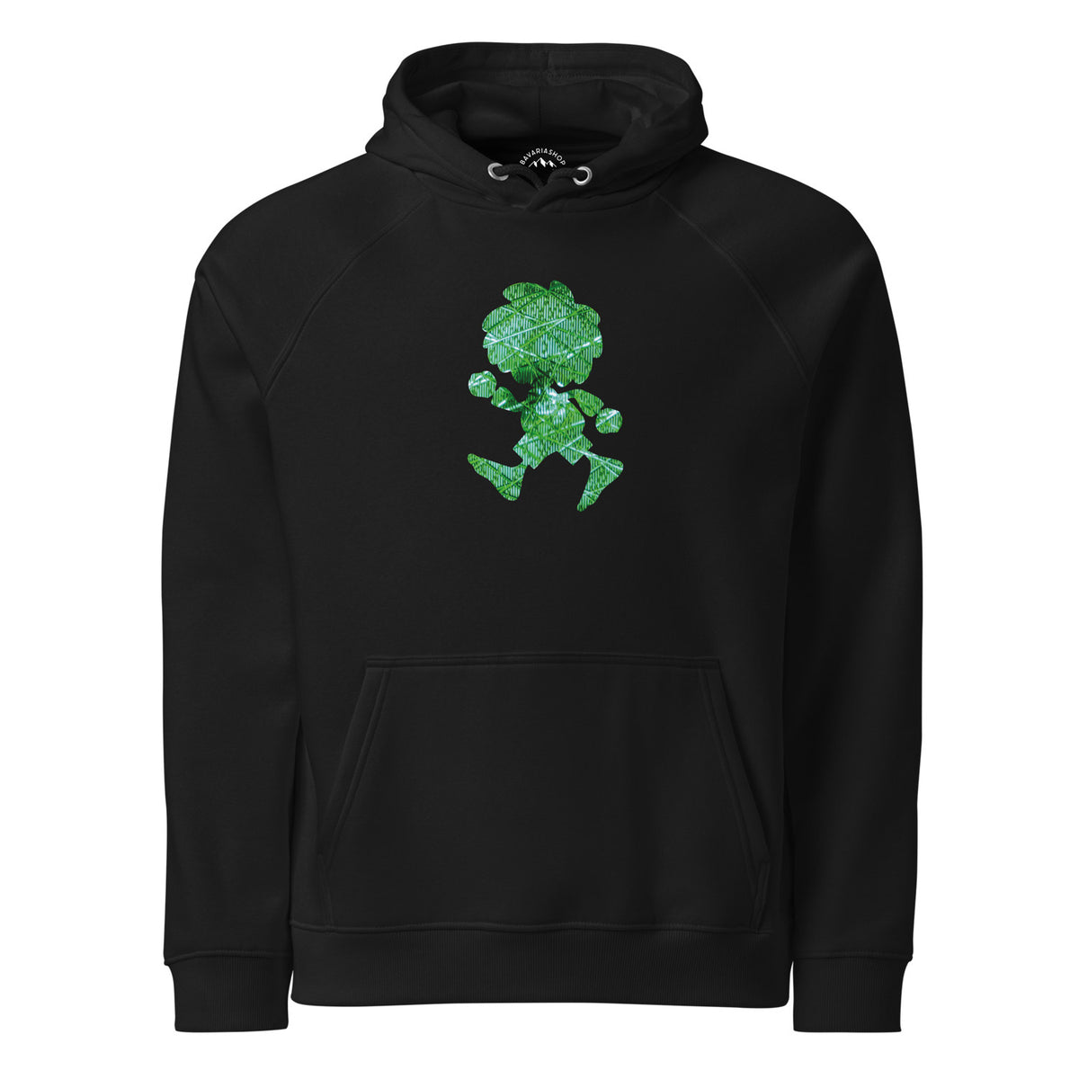 Schwarzer ®Pumuckl Damen Hoodie, "Ampel-Edition", mit grünem, gemustertem Pumuckl-Motiv auf der Vorderseite