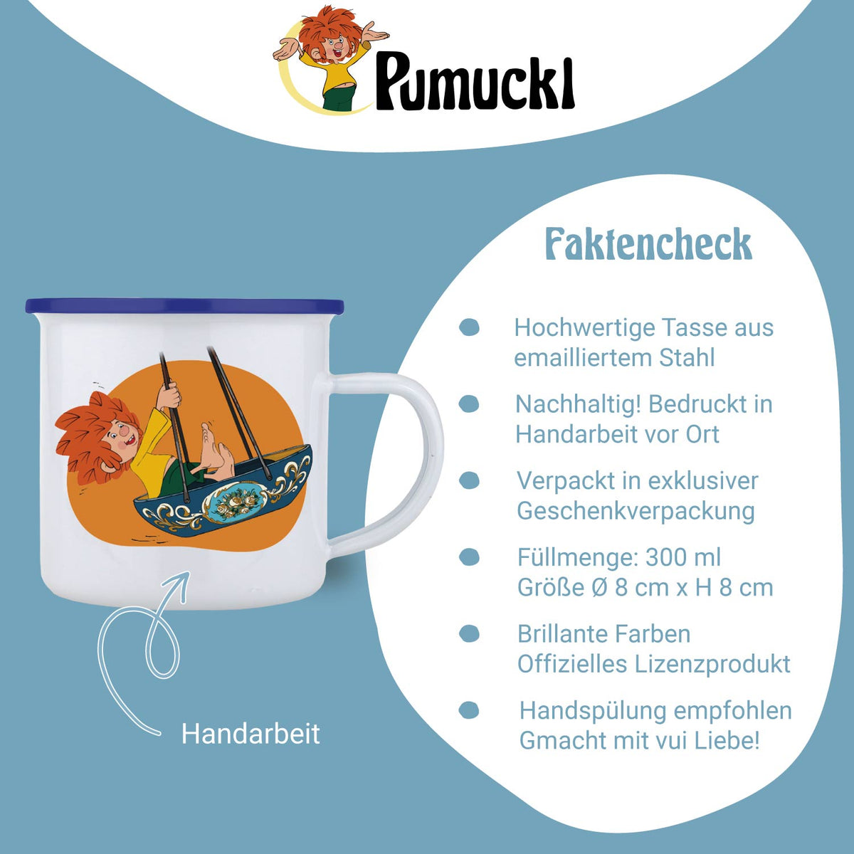 Weiße ®Pumuckl Emaille-Tasse "Schiffschaukel" mit blauem Rand und Pumuckl in einer Schaukel.