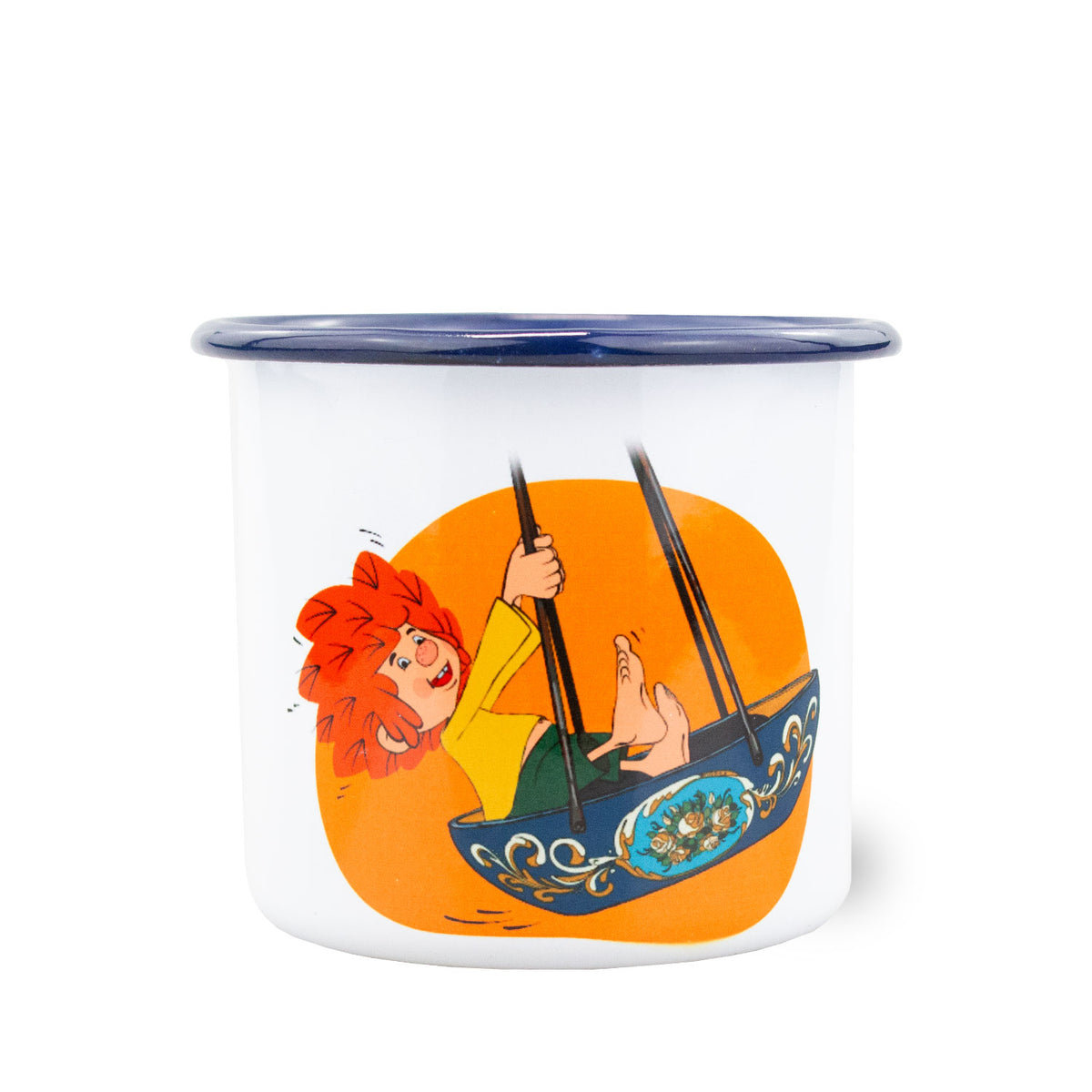 Pumuckl Emaille-Tasse Schiffschaukel mit rothaarigem Kobold lachend in blauer Schaukel auf orangefarbenem Grund.