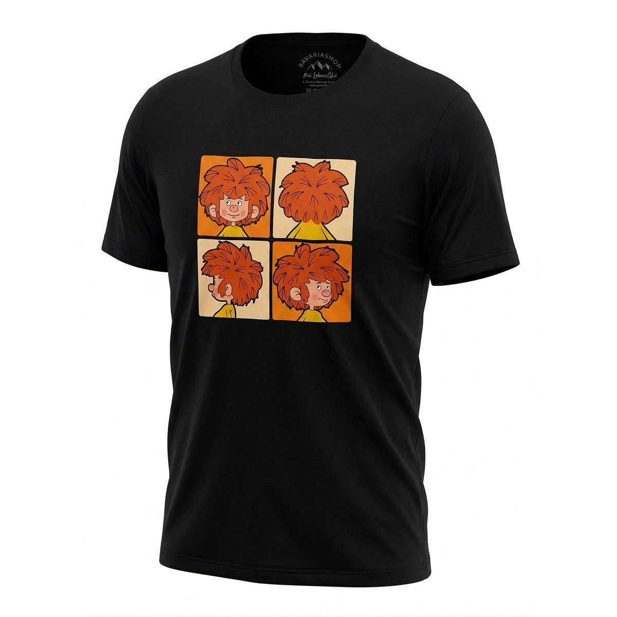 Schwarzes Herren T-Shirt mit vier Pumuckl-Gesichtern in verschiedenen Ausdrücken, orange Hintergrund.