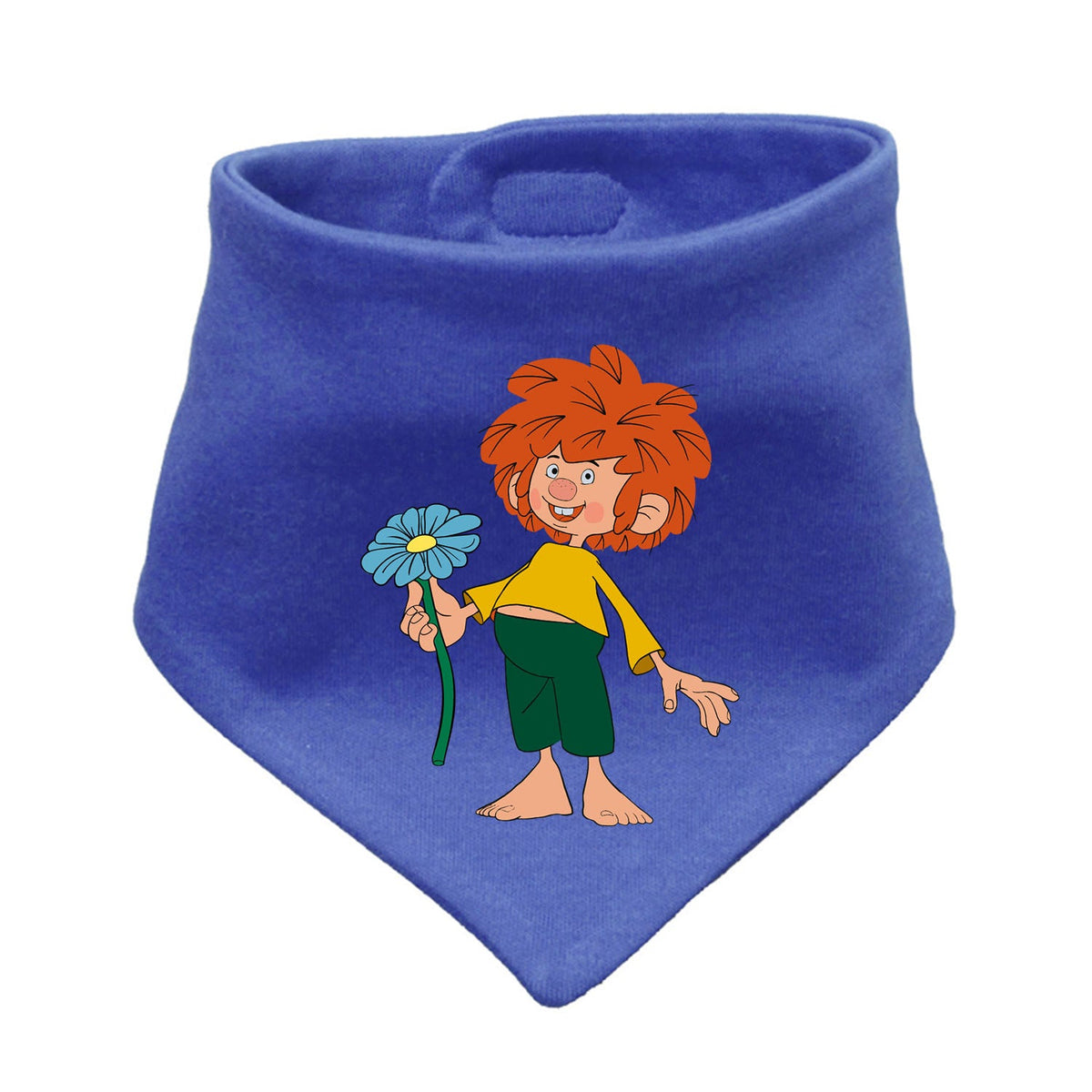 Pumuckl Hunde-Halstuch Schabernack, blaues Bandana mit lachendem Pumuckl und blauer Blume.