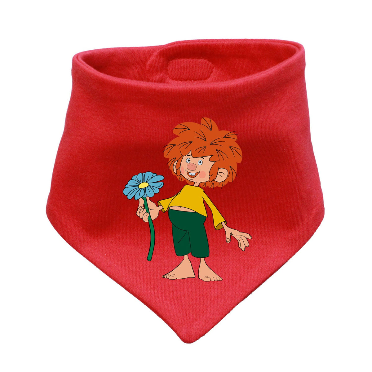 Rotes Pumuckl Hunde-Halstuch Schabernack mit lächelndem Kobold der eine blaue Blume hält.