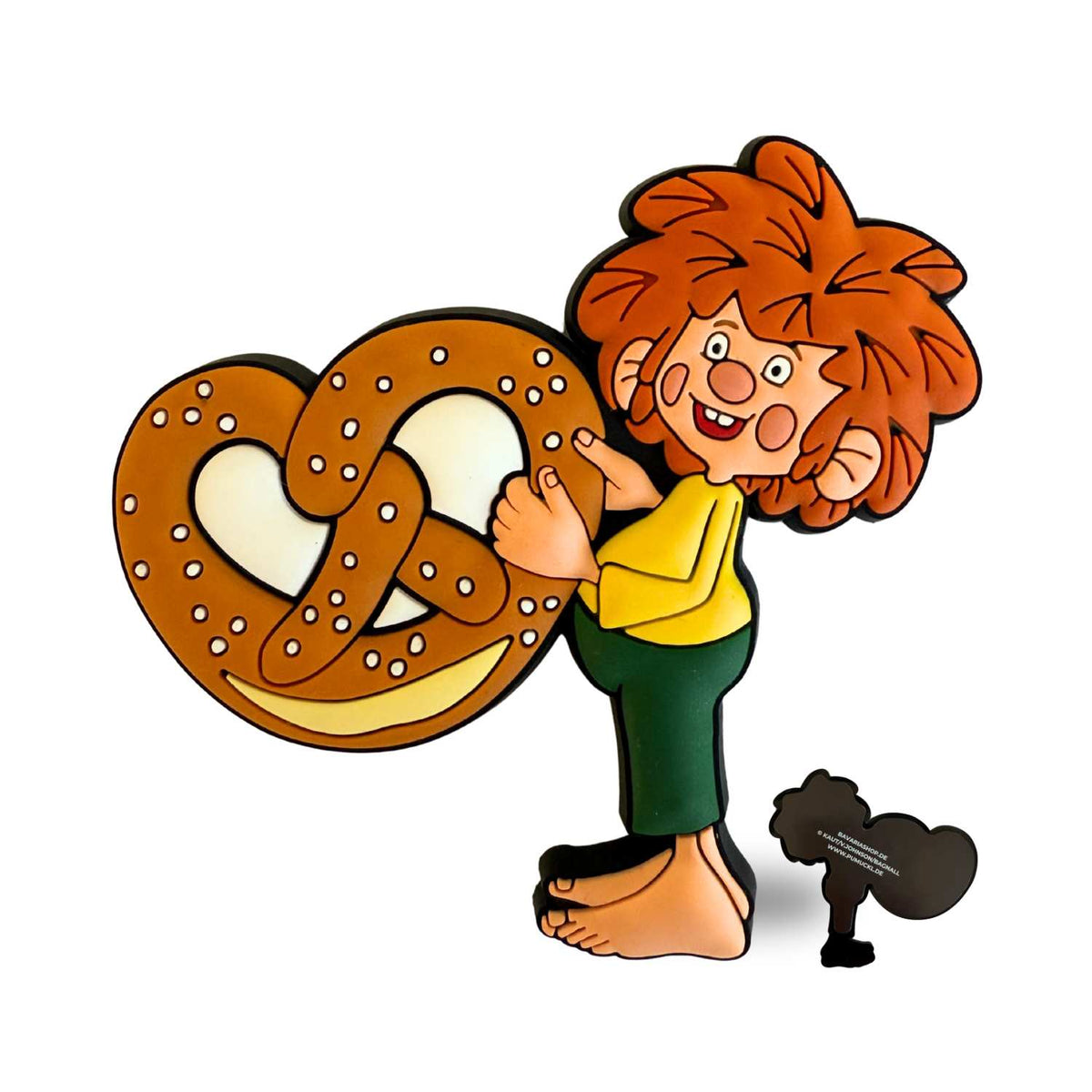 Pumuckl Kühlschrankmagnet mit Brezel: lächelnder Kobold mit roten Haaren hält eine große Brezel