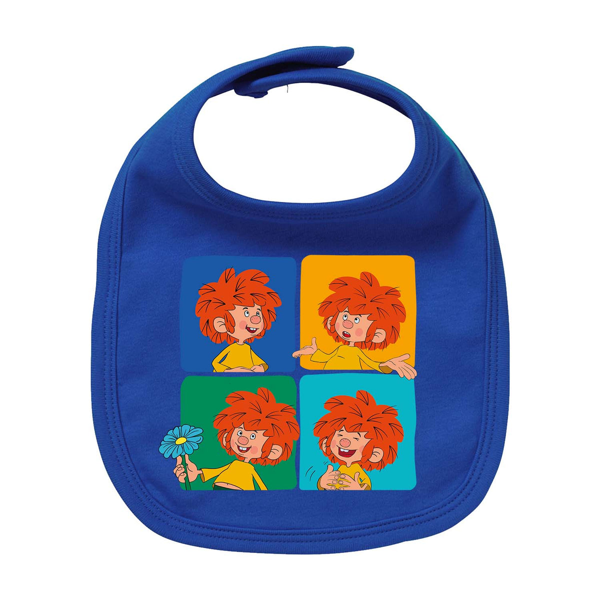 Blaues Pumuckl Lätzchen "Meisterwerk" mit vier Comic-Bildern des Pumuckl in verschiedenen Stimmungen.