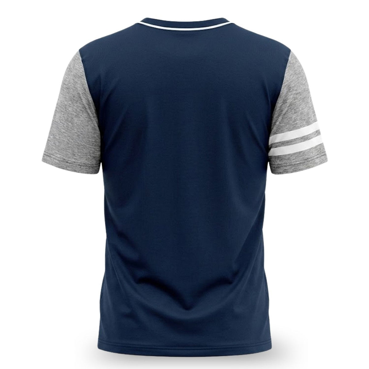 NFL x Pumuckl T-Shirt mit Brusttasche – Rückseite in Navy ohne Motiv, graumelierte Ärmel, zwei weiße Streifen am rechten Ärmel