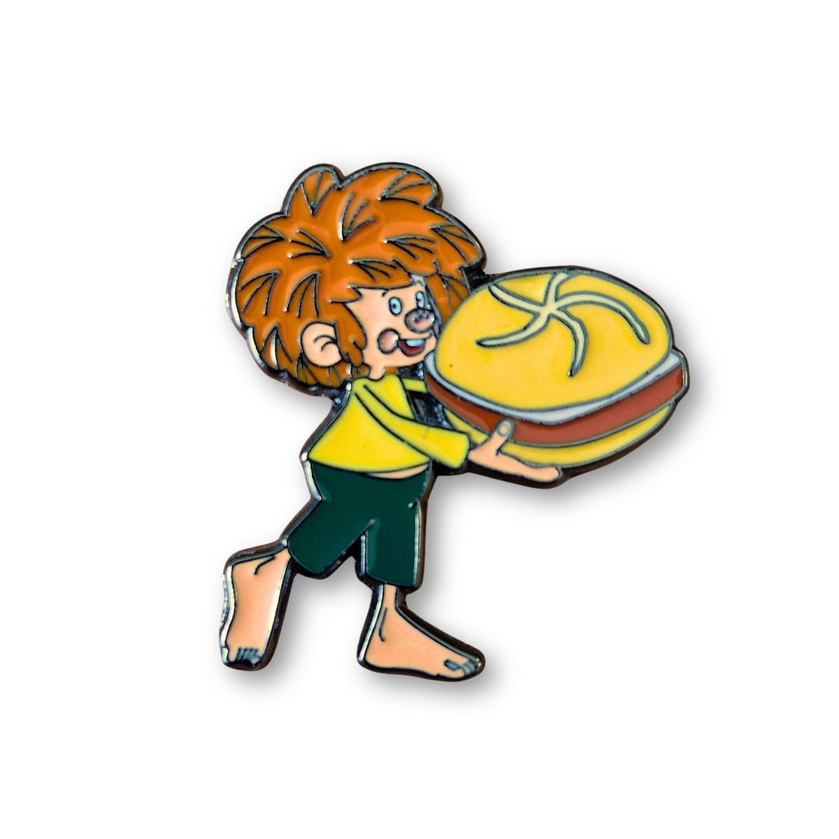 Leberkäs Anstecker mit Pumuckl – Emaille Pin ca. 3 x 3 cm mit silberfarbener Kontur