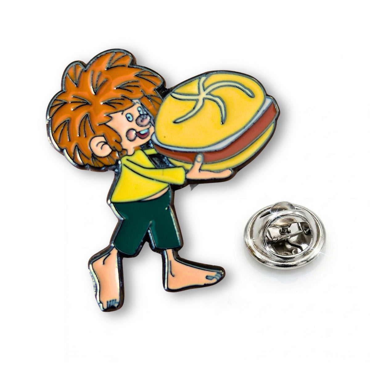 Pumuckl Anstecker Leberkassemmel mit Schmetterlingsverschluss – Emaille Pin vor weißem Hintergrund