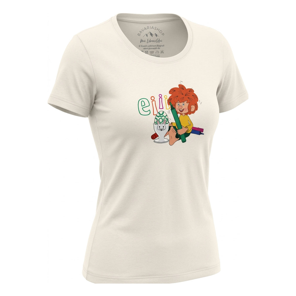 Beiges Damen T-Shirt mit Pumuckl Ostermotiv und Schriftzug "Eiii!". Pumuckl bemalt ein Ei.