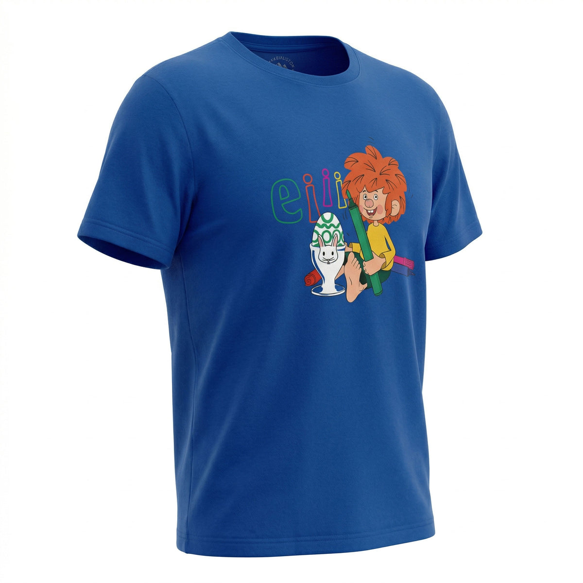 Blaues Kinder T-Shirt mit fröhlichem Pumuckl, der Hasen-Eierbecher und grüne Farbe hält, ideal für Ostern.