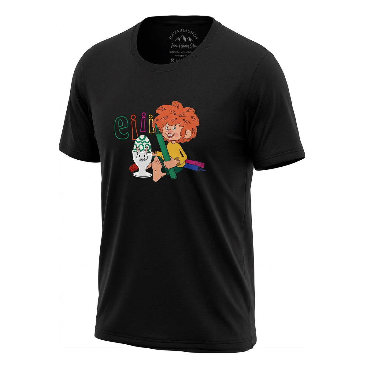 Schwarzes Herren T-Shirt mit farbigem Pumuckl-Motiv bemaltem Osterei und Buchstaben Eiii