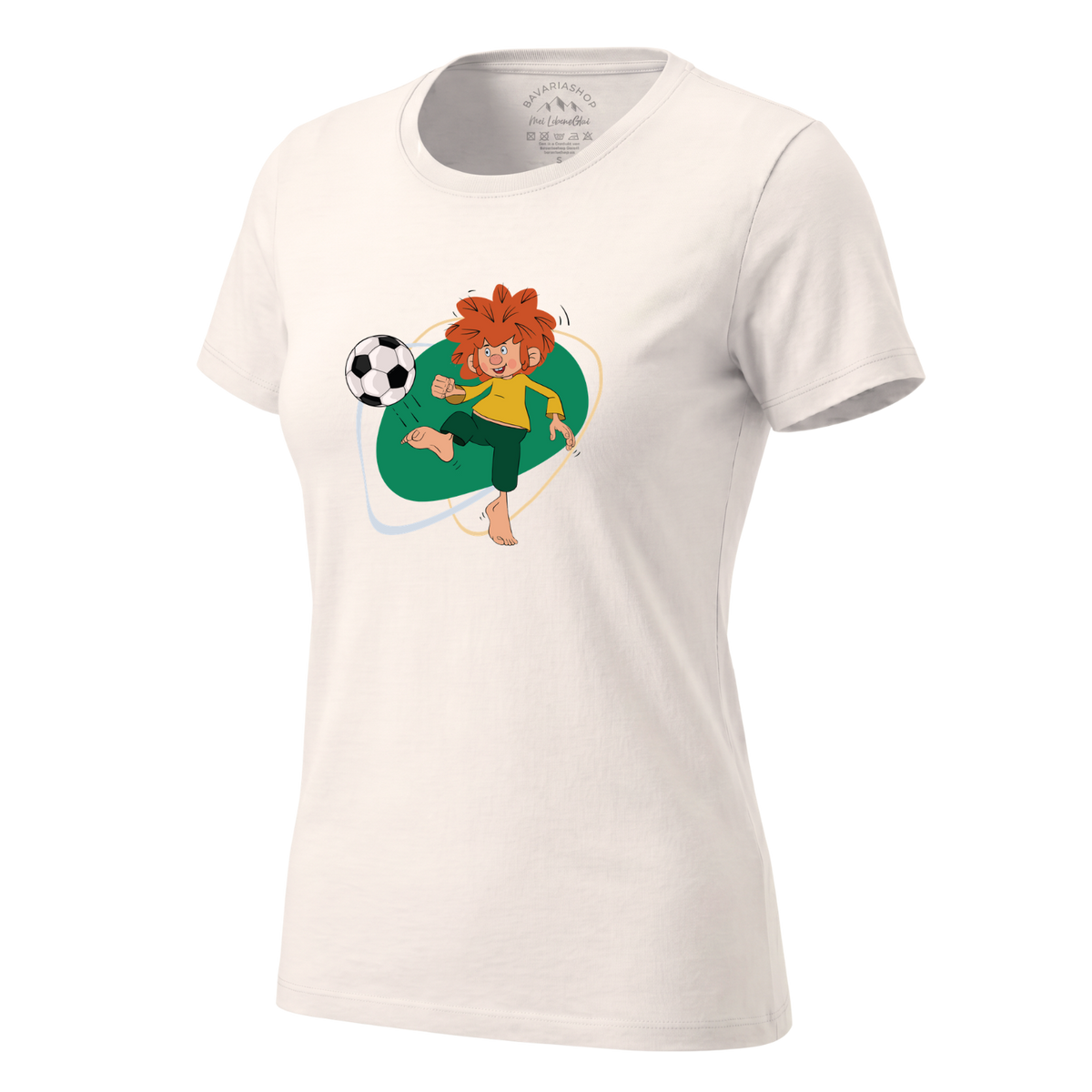 Damen T-Shirt in Cremeweiß mit frechem Pumuckl Motiv beim Fußball spielen, ideal für Fans.