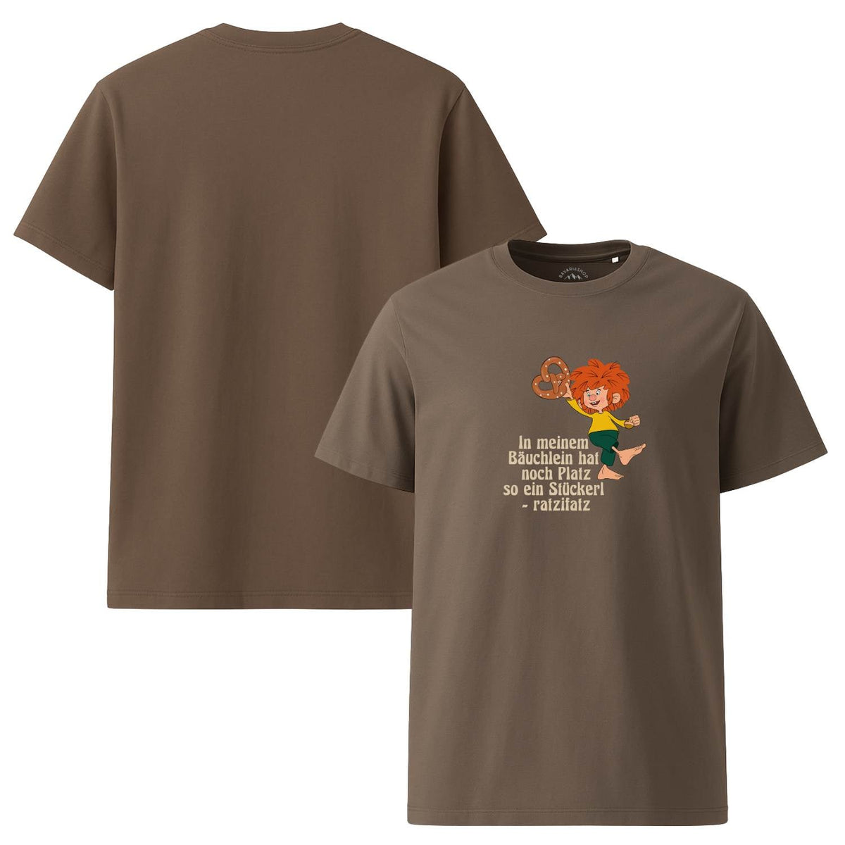 Detail Pumuckl T-Shirt Herren in Mocha: Pumuckl-Aufdruck mit Brezn und Spruch