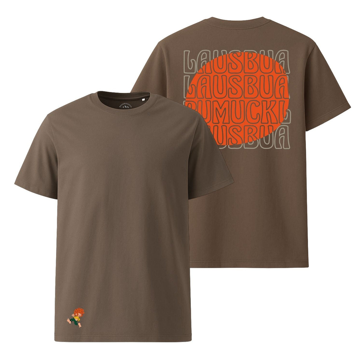 Pumuckl Herren T-Shirt Lausbua in Dunkelbraun mit kleinem Pumuckl-Motiv und großem Lausbua-Schriftzug hinten.