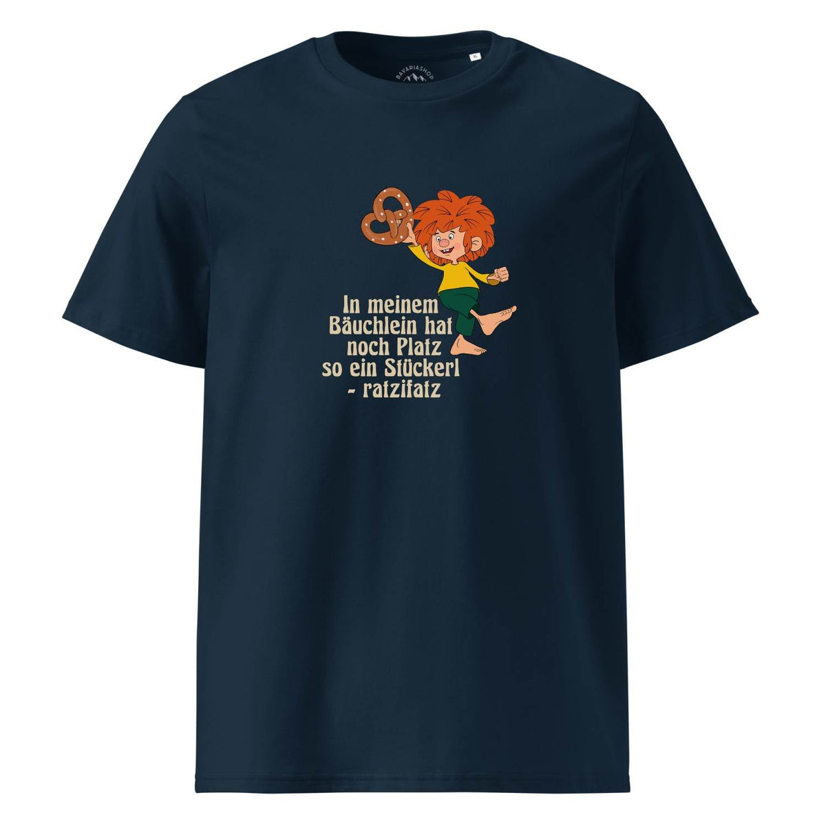 Pumuckl T-Shirt Herren „Brezn Stückerl“ in Dunkelblau, Vorderansicht mit Pumuckl-Spruch