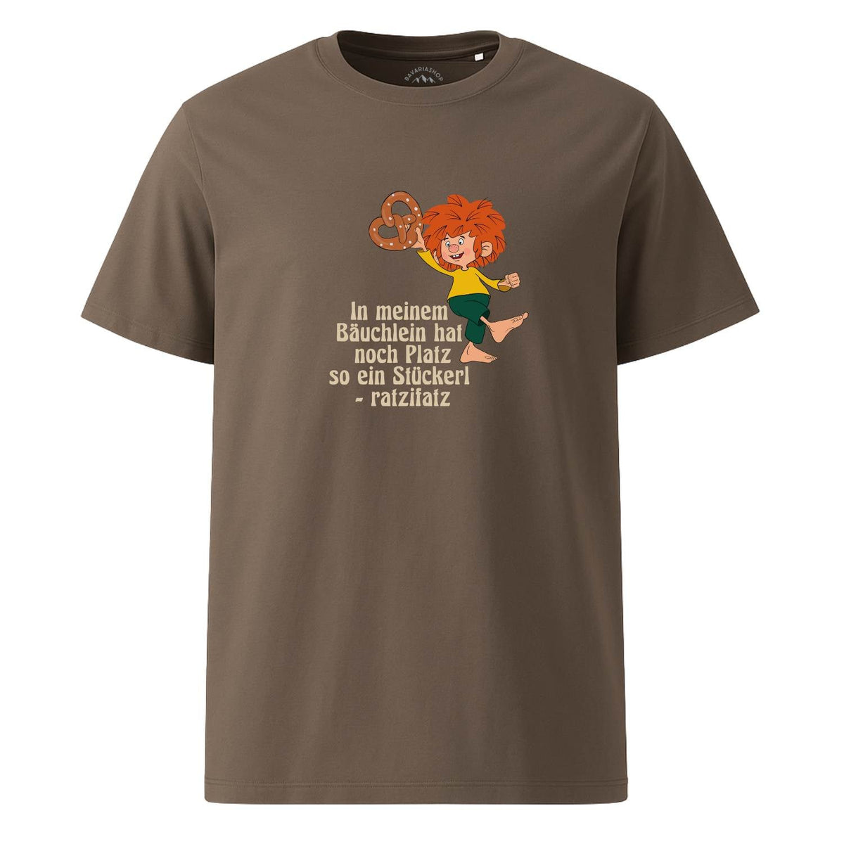 Pumuckl T-Shirt Herren „Brezn Stückerl“ in Mocha (Braun) mit Pumuckl und Brezn
