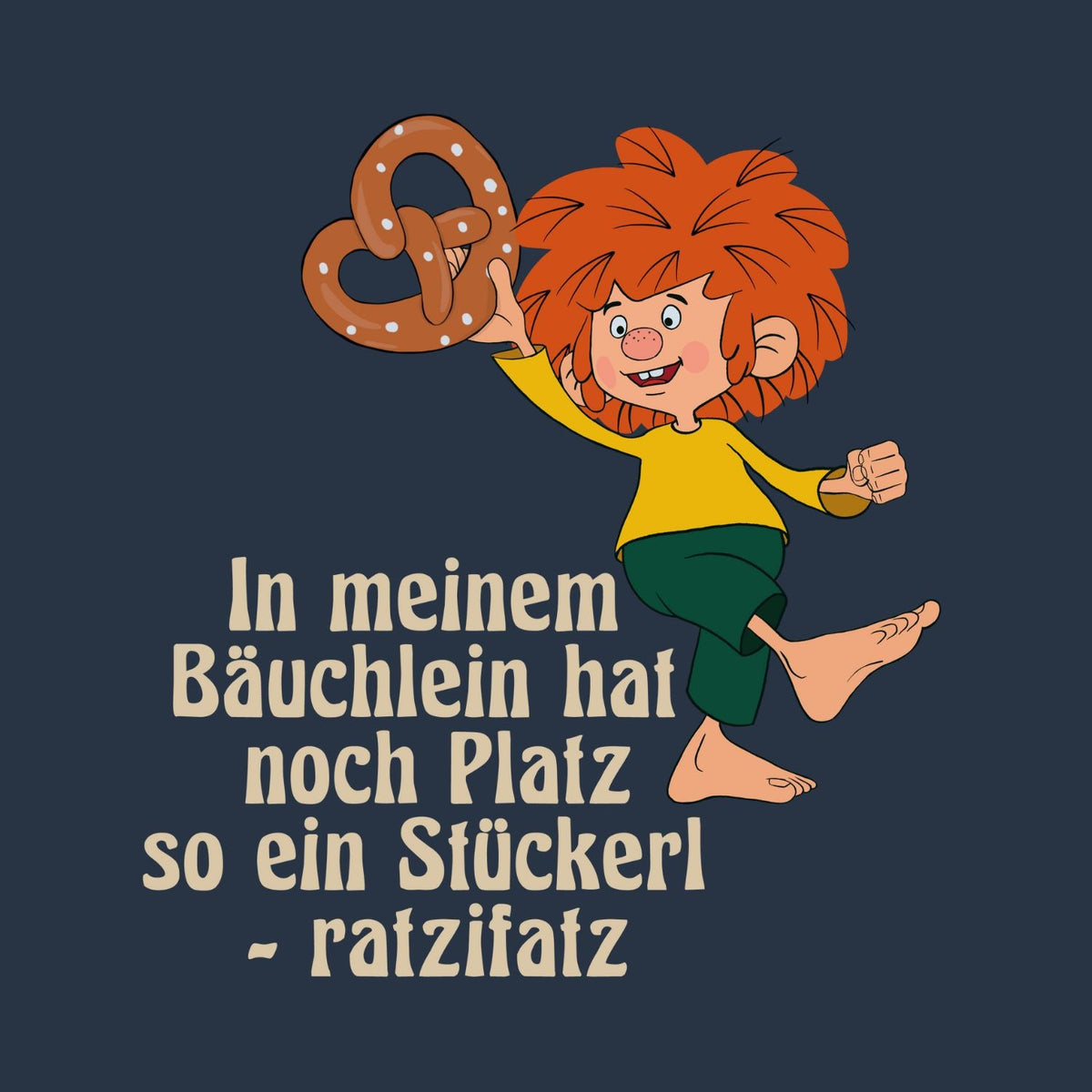 Nahaufnahme Pumuckl-Motiv: lachender Pumuckl mit Brezn und Spruch „In meinem Bäuchlein hat noch Platz so ein Stückerl“