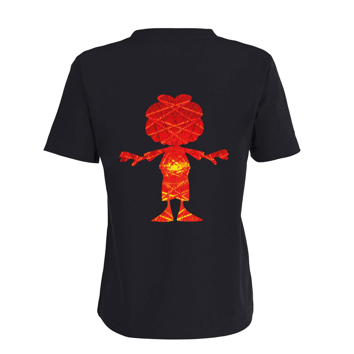 Rückansicht des schwarzen Pumuckl Kinder T-Shirts Ampel-Edition mit leuchtend rotem Pumuckl-Motiv auf dem Rücken.