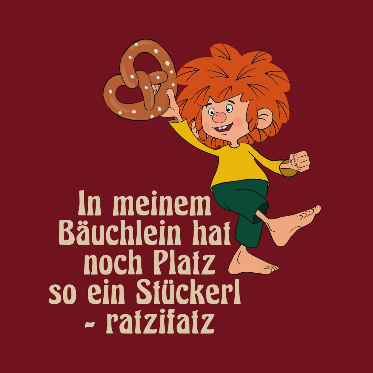 Pumuckl Kinder T-Shirt Brezn Stückerl mit glücklichem Kobold, der eine große Brezel hält und Text.