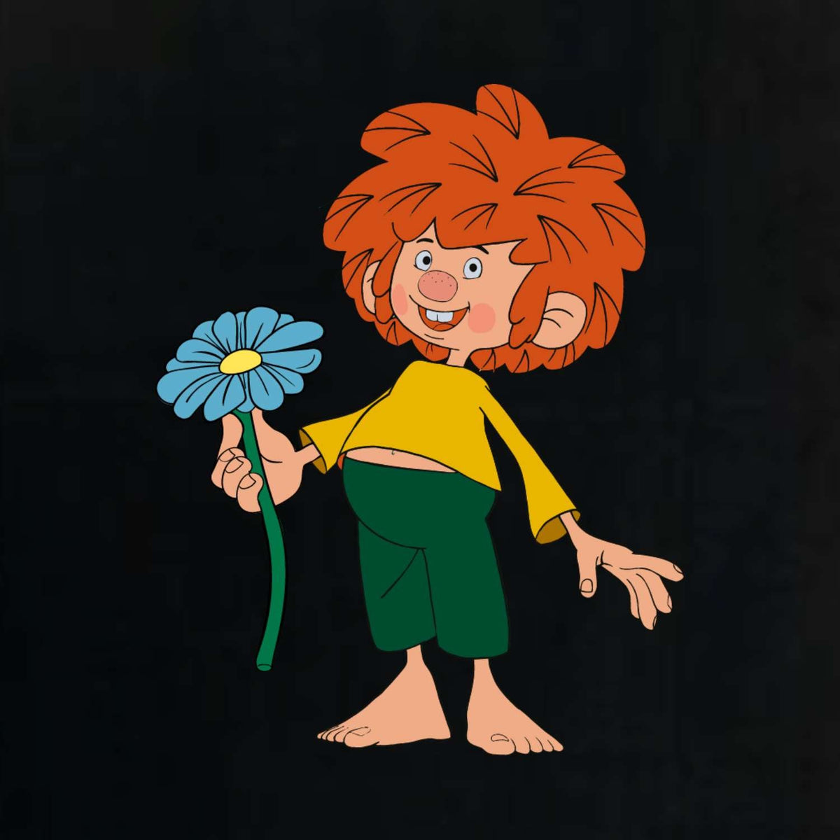 Lustige Pumuckl Tasche Schabernack mit rothaarigem Kobold, der eine blaue Blume hält.