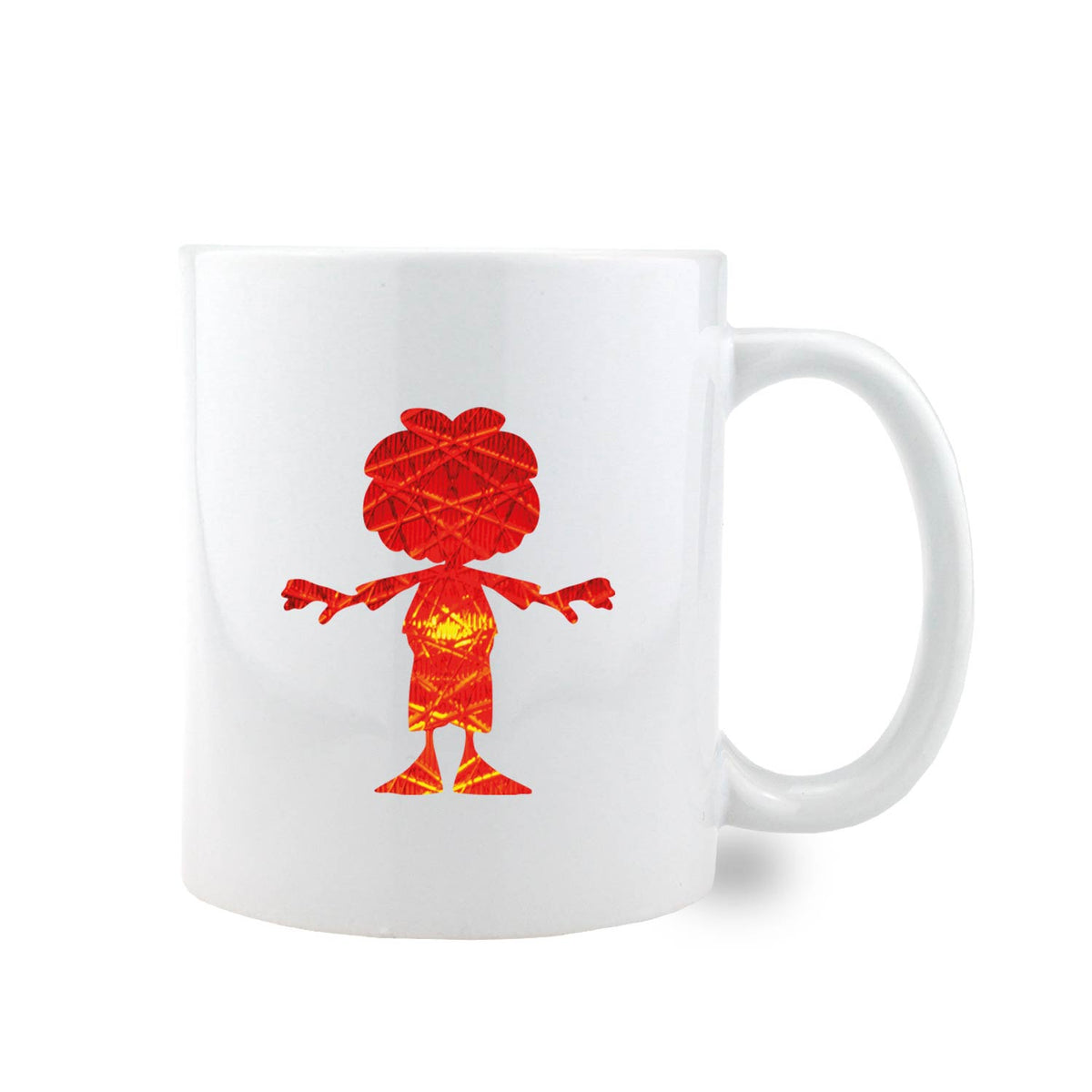 Weiße Pumuckl Tasse "Ampel-Edition" mit rotem Pumuckl-Motiv und orange-gelben Mustern, weißer Henkel.