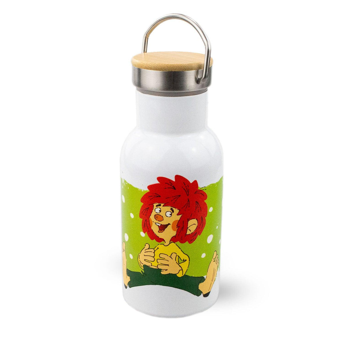 ®Pumuckl Thermo Trinkflasche aus Edelstahl, weiß mit farbigem Pumuckl-Motiv und Bambusdeckel, ideal für Kinder