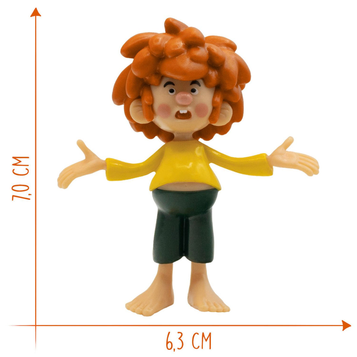 Pumuckl Figur fragend, 7 cm hoch, mit rotem Haar, gelbem Oberteil und grüner Hose, barfuß.