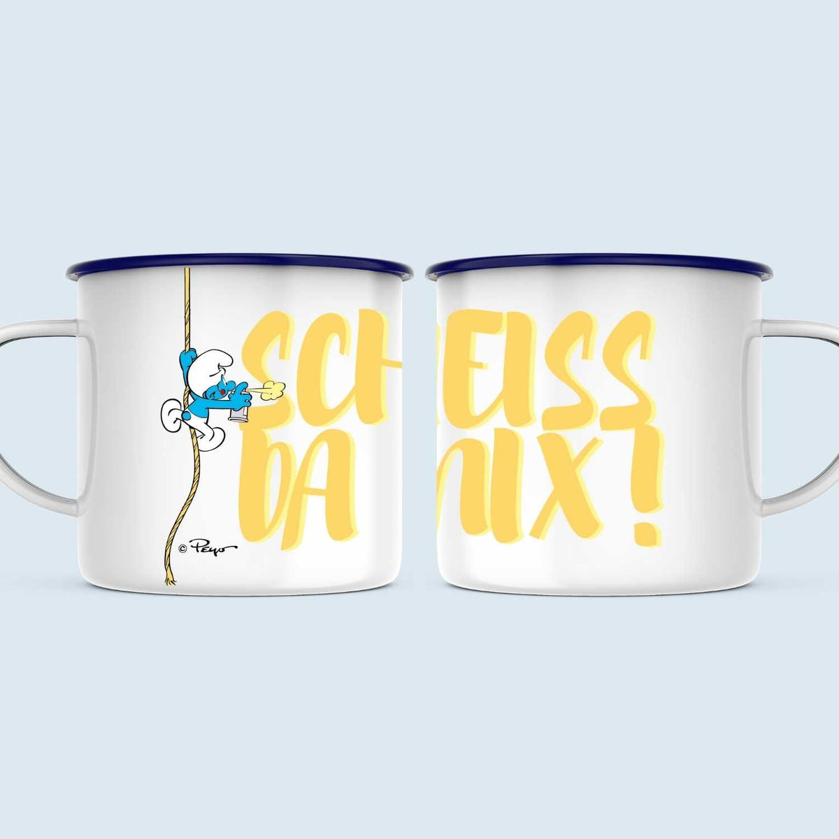 ®Die Schlümpfe Emailletasse Scheiß da nix mit Kletterschlumpf und gelbem Schriftzug, weiß-blau