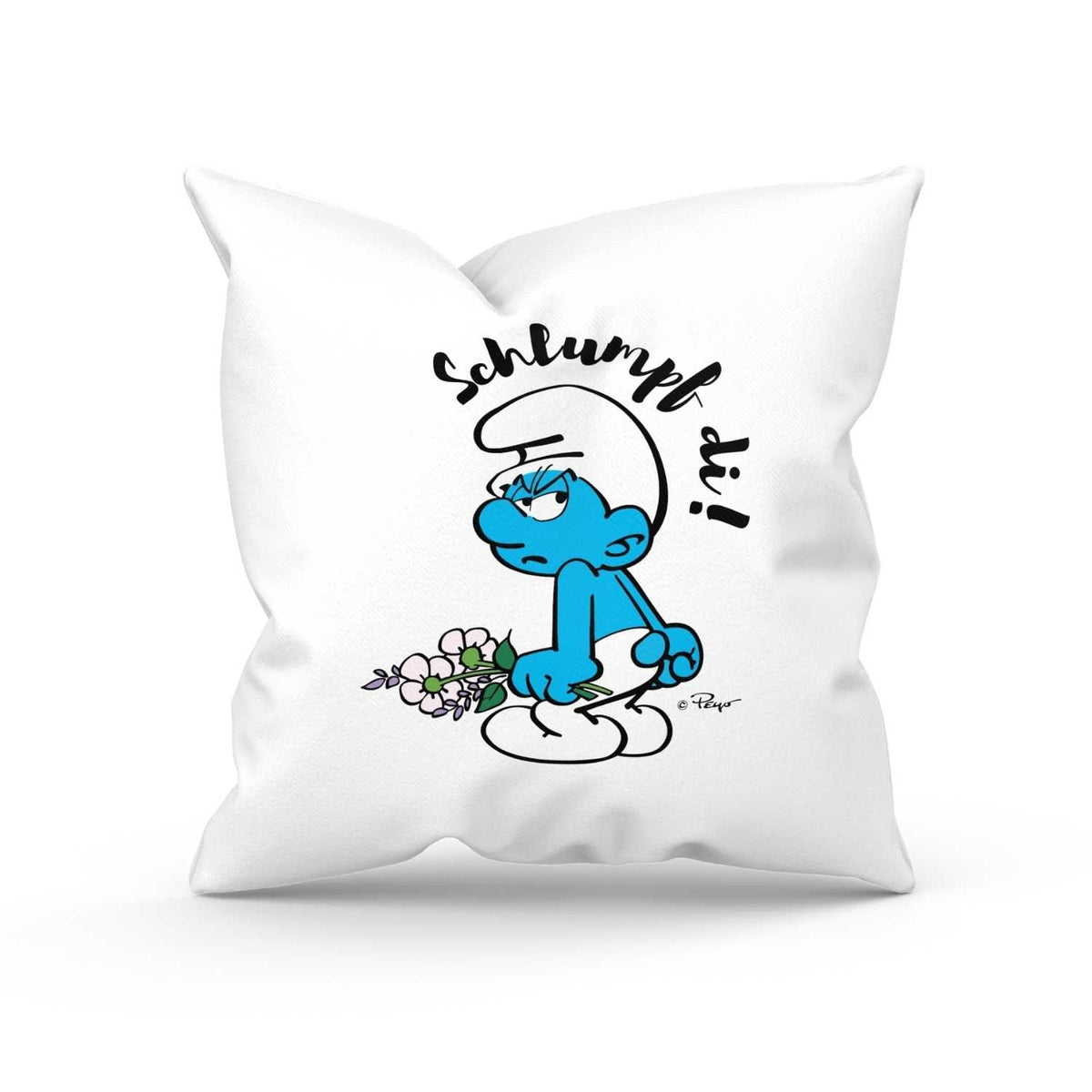 Weißes ®Die Schlümpfe Schlumpf di! Kuschelkissen mit mürrischem Schlumpf und Blumenstrauß Motiv.