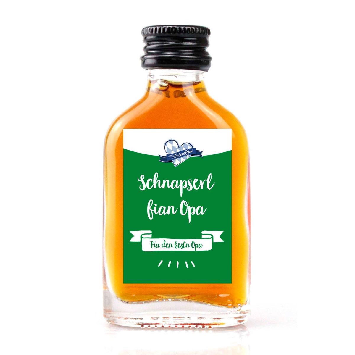 Schnapserl fian Opa Geschenkflasche mit grünem Etikett und weißer Aufschrift für den besten Opa