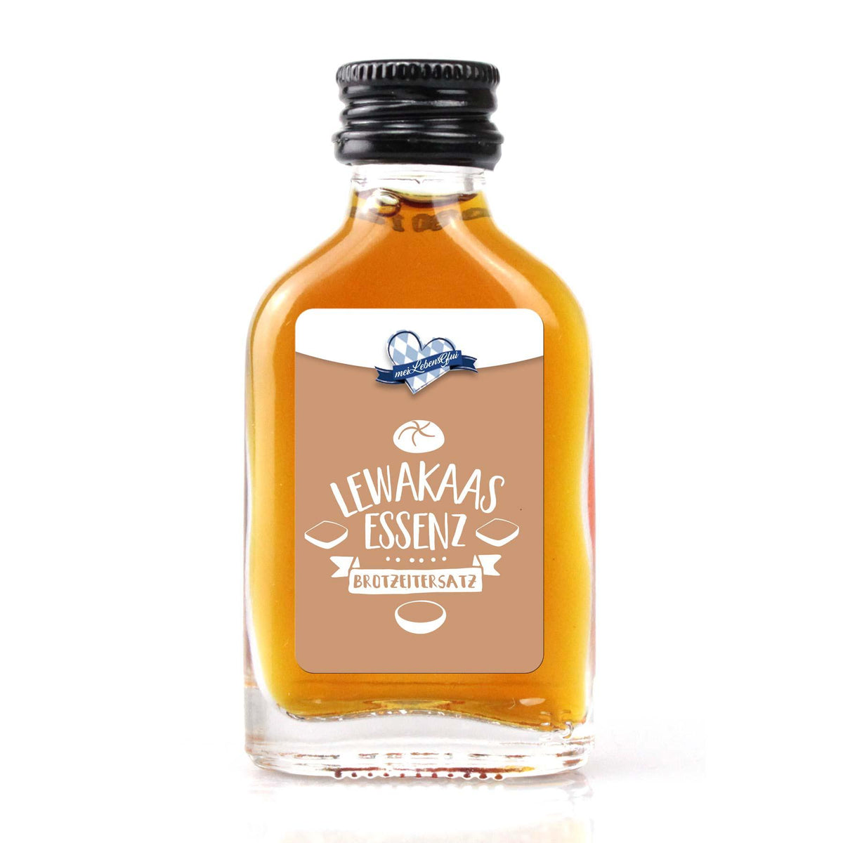 Kleine Flasche "Lewakaas Essenz – Brotzeitersatz" mit braunem Etikett und schwarzem Schraubverschluss.