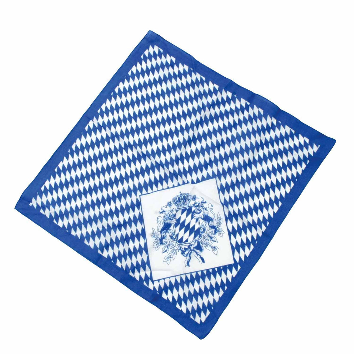 Blau-weißes Rautenmuster Tuch mit bayerischem Wappen, gekrönt von Löwen und floralen Elementen.