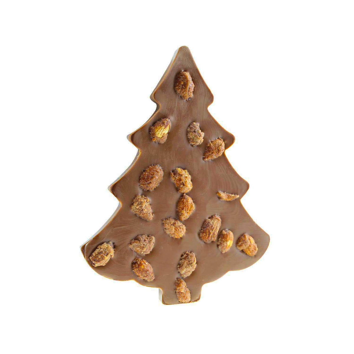 Milchschokoladen-Tannenbaum mit knusprig karamellisierten gebrannten Mandeln, festliche Schokodekoration.
