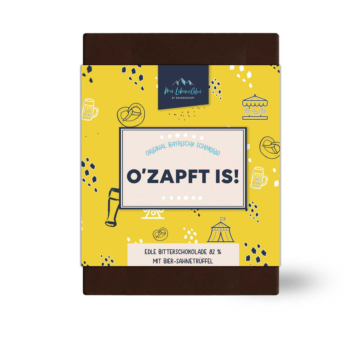 Schokolad O'zapft is! mit Bier-Sahnetrüffel. Gelbe Verpackung mit Oktoberfest-Motiven wie Bierkrug und Brezel.