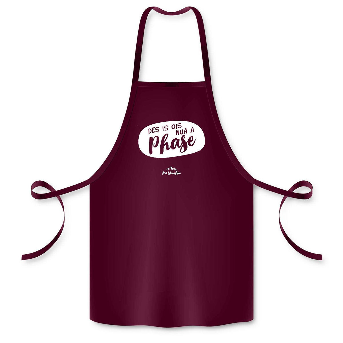Bordeauxrote Schürze "Des is ois nur a Phase" mit weißem Spruch und Mountains-Logo, zum Grillen & Kochen.