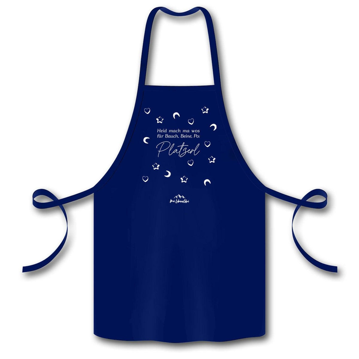 Dunkelblaue Schürze Heid mach ma... Platzerl mit weißem Schriftzug und Sternenmotiven zum Kochen.