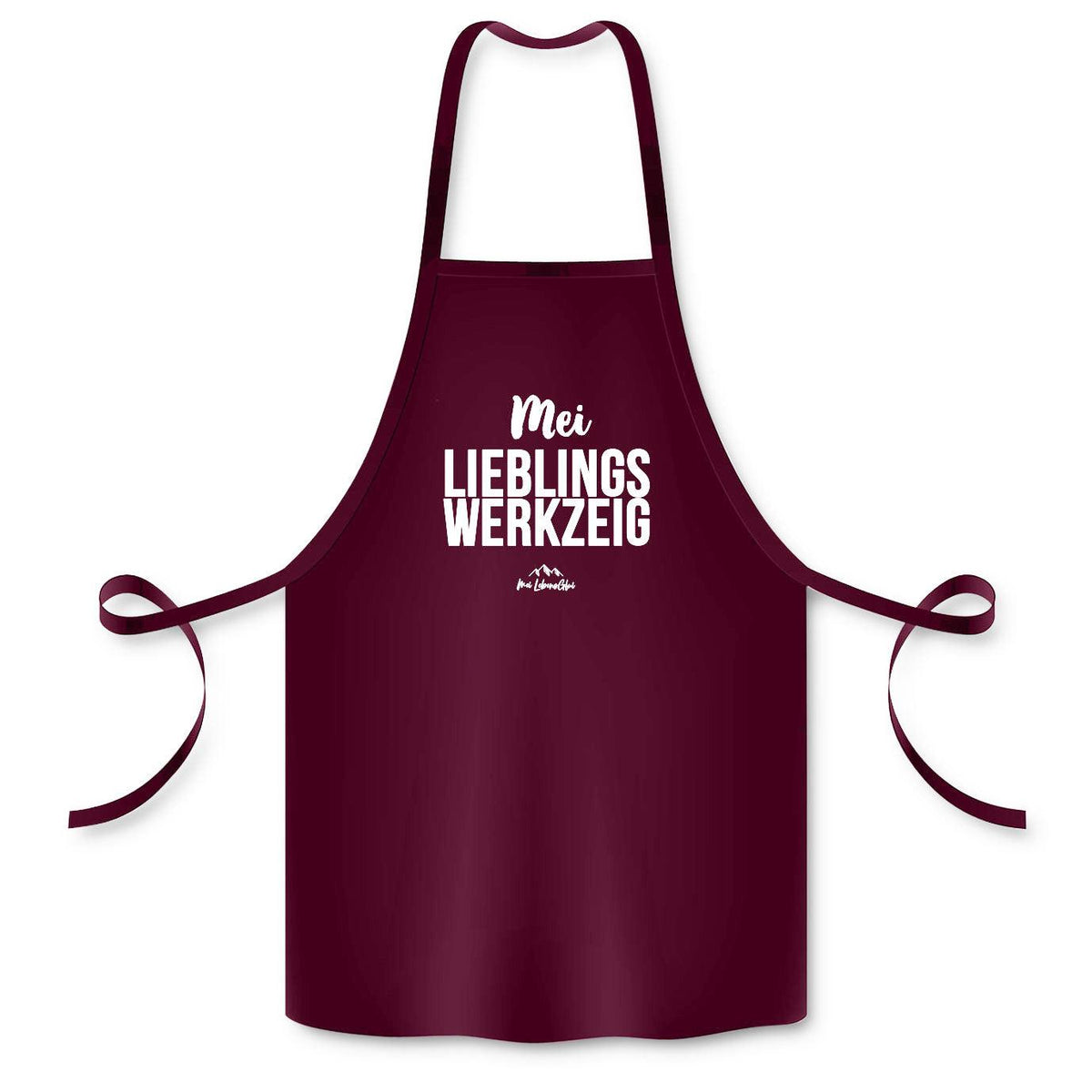Bordeauxrote Schürze Mei Lieblingswerkzeig mit weißem Schriftzug und Kordeln zum Binden für Küche und Grill