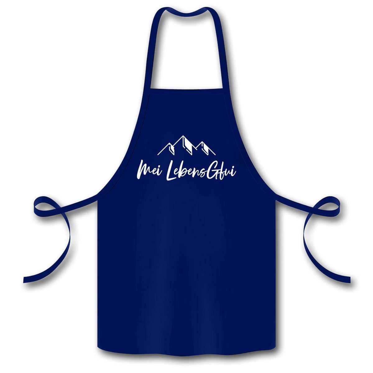 Dunkelblaue Schürze "meiLebensGfui" mit weißem Alpenmotiv und Schriftzug für Küche und Grillen.