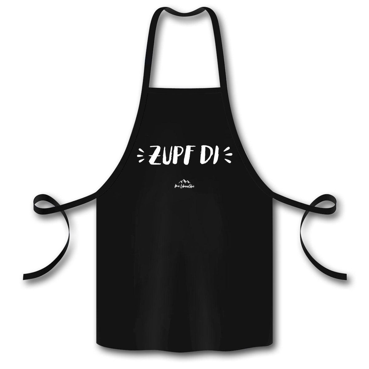Schwarze Schürze "Zupf di" mit weißem Schriftzug und kleinem Bergmotiv, bayerische Kochschürze