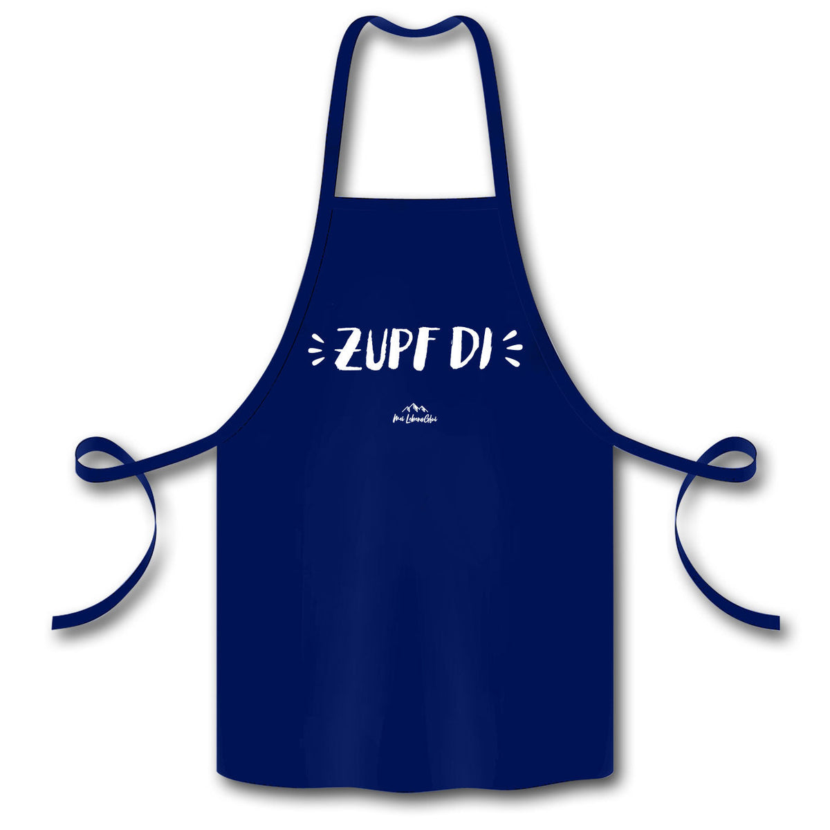 Dunkelblaue Schürze "Zupf di" mit weißem Schriftzug und Bergmotiv, ideal für Küche und Grill.